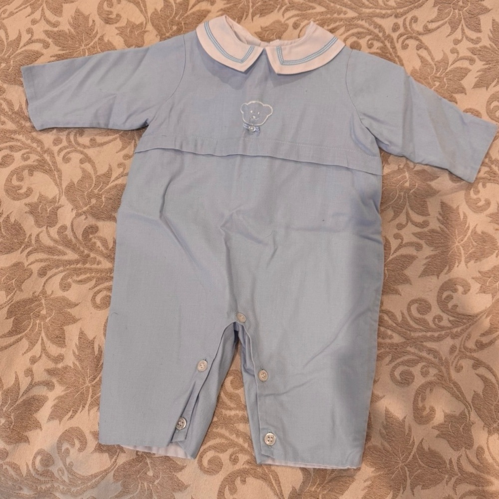 Johnstons of Elgin Light Blue Baby One-Piece Bodysuit with White Collar